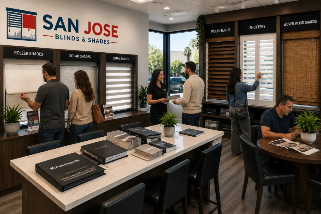 San Jose showroom for blinds and shades with customers shopping