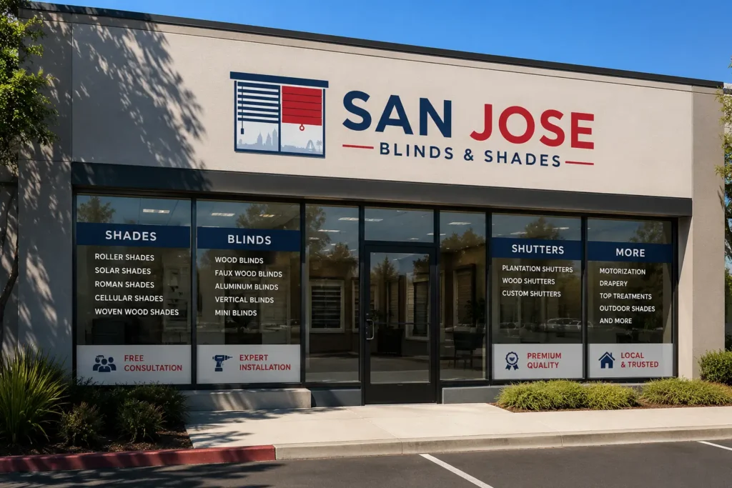 Storefront: San Jose Blinds and Shades showroom — window blinds and shades installation San Jose CA