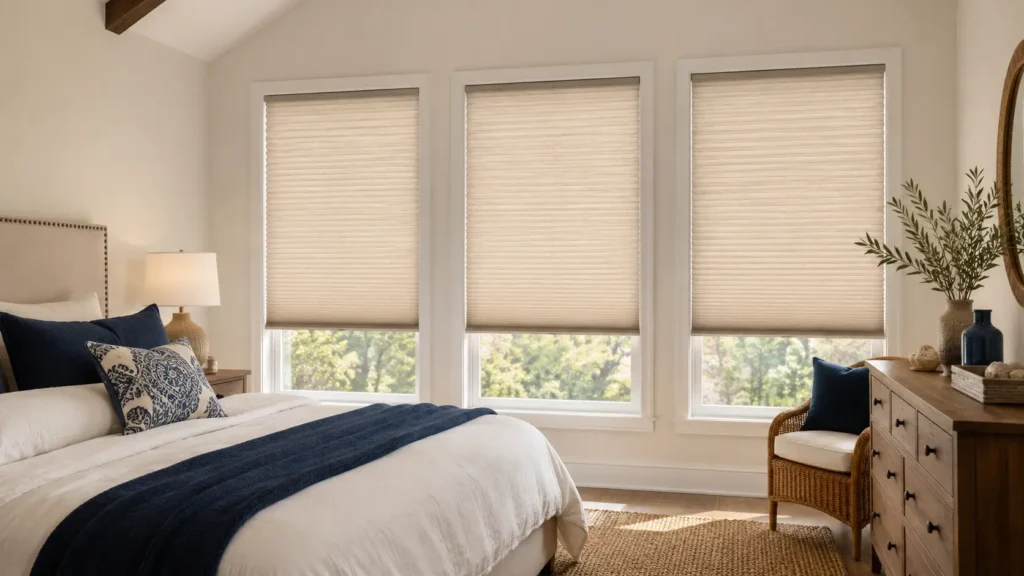 cellular honeycomb shades in the bedroom of the san jose everygreen home