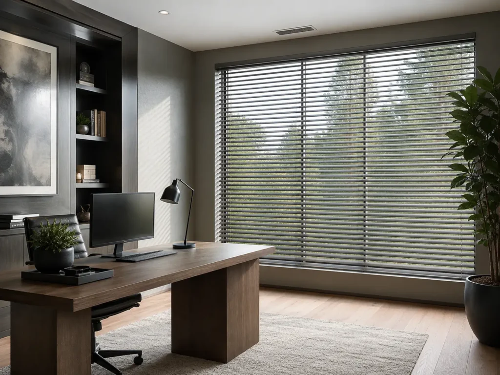 Custom wood blinds installed in home office — Campbell and San Jose CA