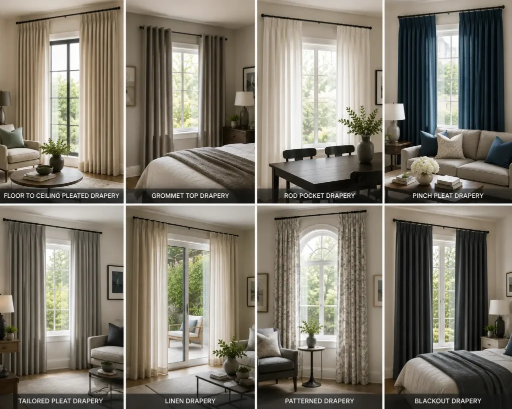 Custom drapery styles for San Jose living rooms, bedrooms, and dining rooms