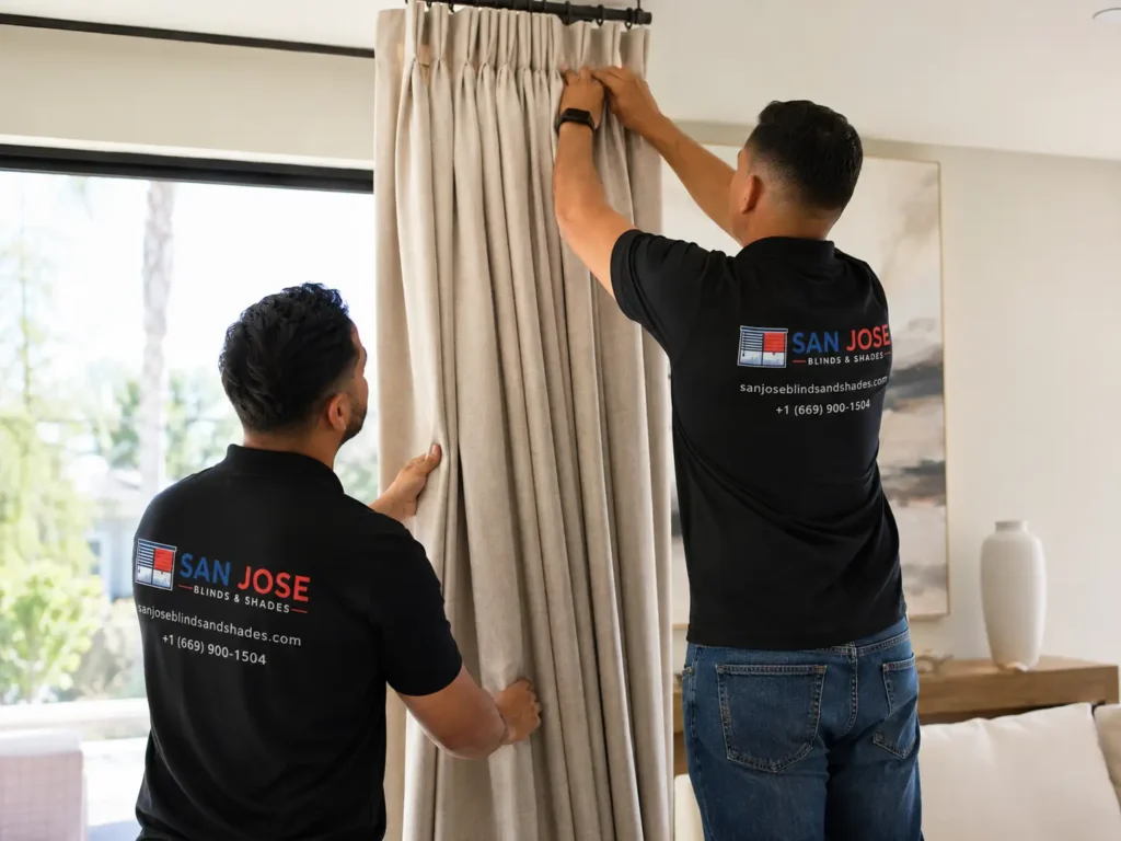Pinch pleat drapery panels installed in a San Jose living room