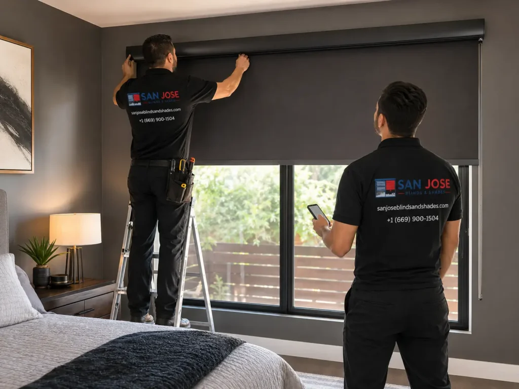 San Jose Blinds and Shades installer setting up motorized shades in a San Jose bedroom