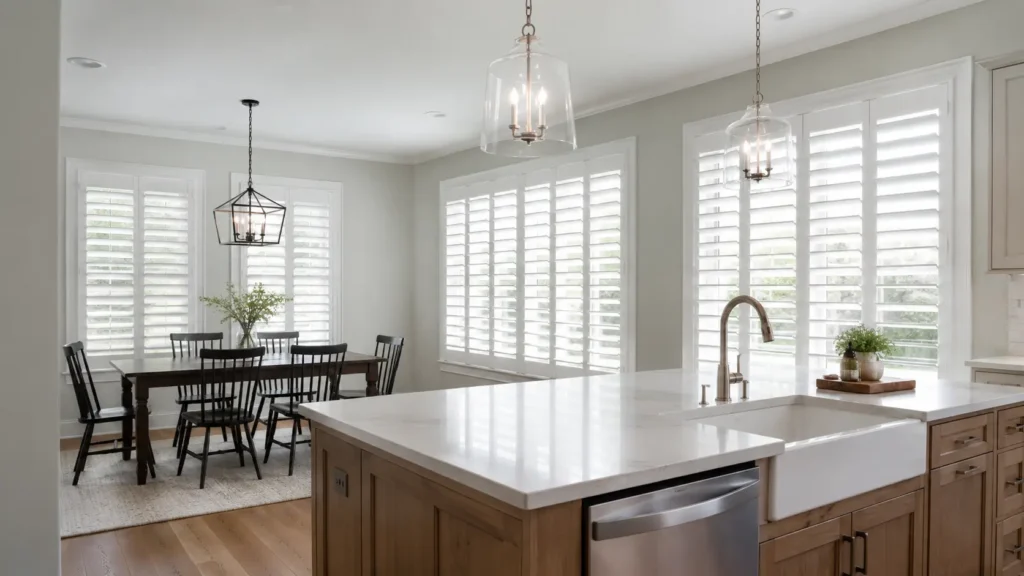 Plantation shutters in a Blossom Hill San Jose kitchen and dining room