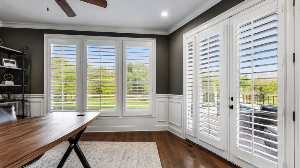 White plantation shutters installed in an Almaden Valley San Jose home office